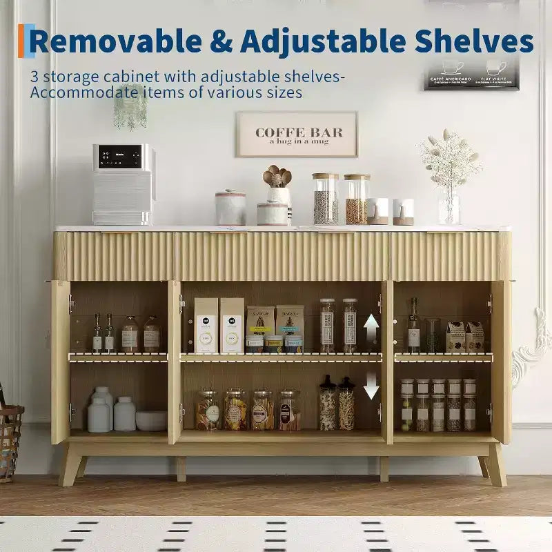 60 Farmhouse Fluted Buffet Cabinet with 3 Drawers and 4 Doors, Sideboard Coffee Bar with Adjustable Shelves
