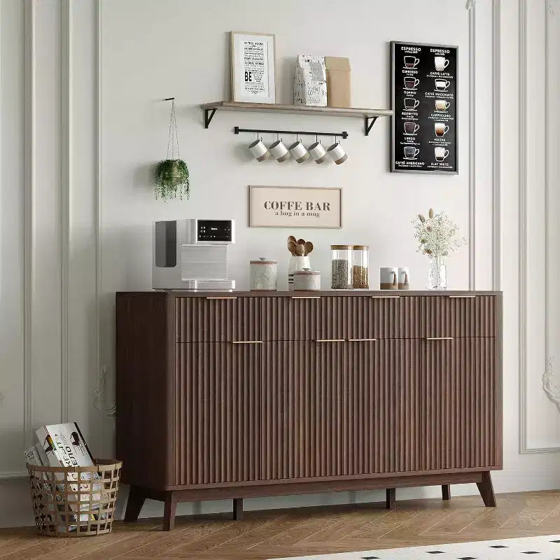 60 Farmhouse Fluted Buffet Cabinet with 3 Drawers and 4 Doors, Sideboard Coffee Bar with Adjustable Shelves