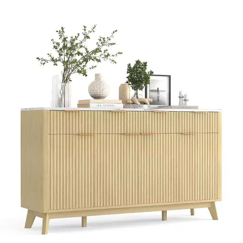 60 Farmhouse Fluted Buffet Cabinet with 3 Drawers and 4 Doors, Sideboard Coffee Bar with Adjustable Shelves