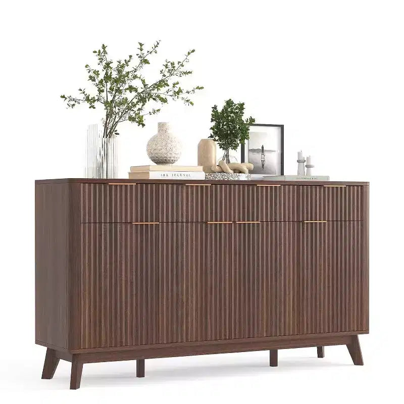 60 Farmhouse Fluted Buffet Cabinet with 3 Drawers and 4 Doors, Sideboard Coffee Bar with Adjustable Shelves