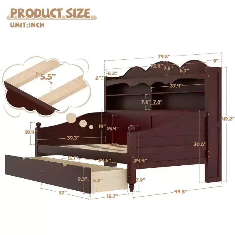 Twin Daybed with Storage Drawers and Headboard Shelves, Wooden Day Bed Frame, Espresso
