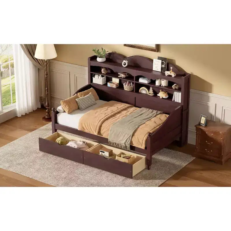 Twin Daybed with Storage Drawers and Headboard Shelves, Wooden Day Bed Frame, Espresso