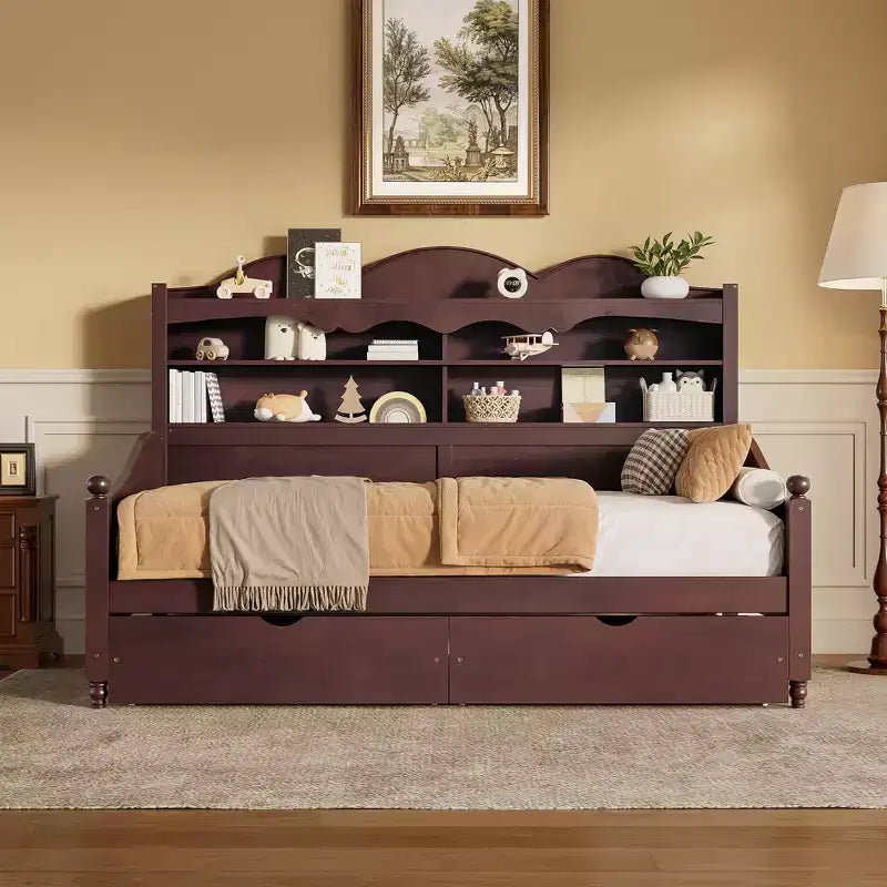 Twin Daybed with Storage Drawers and Headboard Shelves, Wooden Day Bed Frame, Espresso