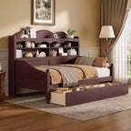 Twin Daybed with Storage Drawers and Headboard Shelves, Wooden Day Bed Frame, Espresso