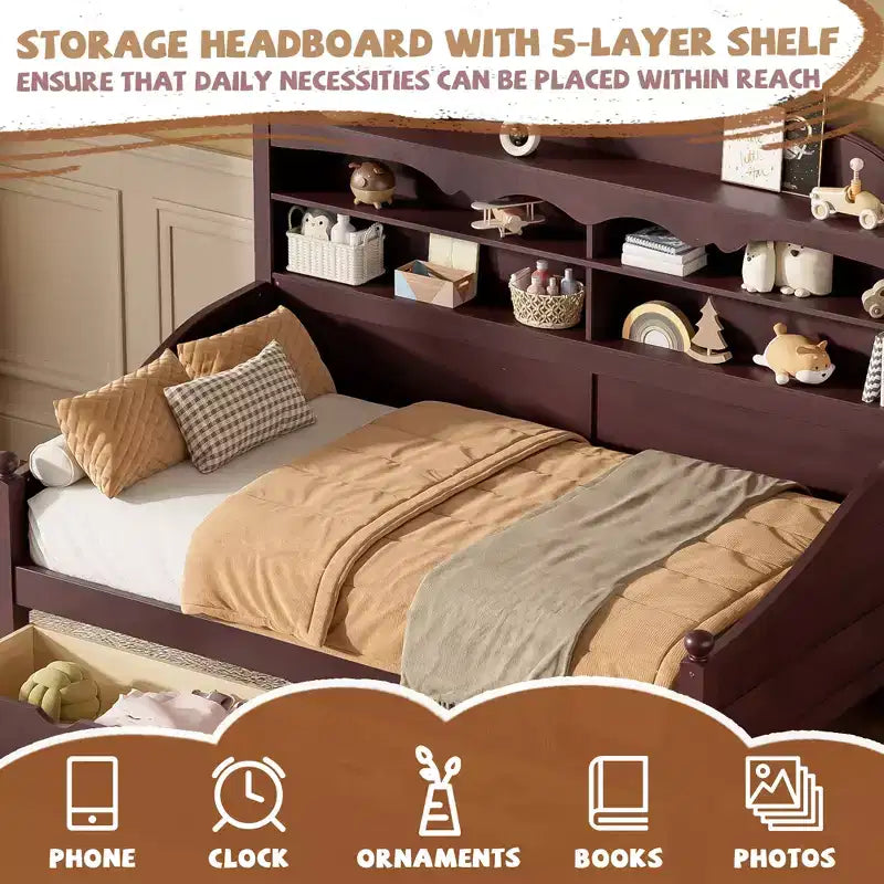 Twin Daybed with Storage Drawers and Headboard Shelves, Wooden Day Bed Frame, Espresso