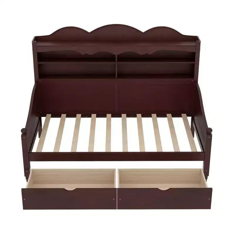 Twin Daybed with Storage Drawers and Headboard Shelves, Wooden Day Bed Frame, Espresso