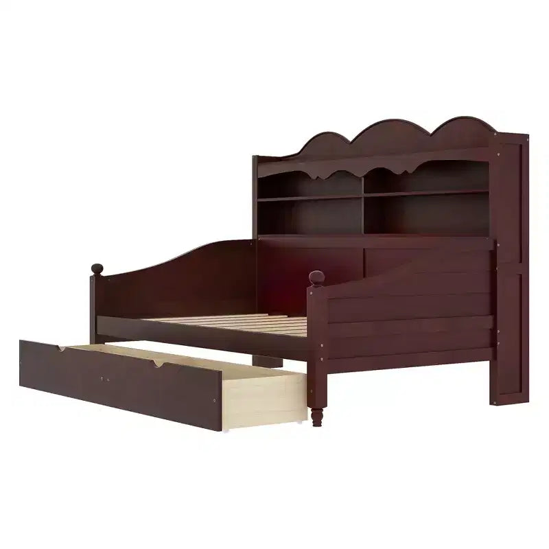 Twin Daybed with Storage Drawers and Headboard Shelves, Wooden Day Bed Frame, Espresso