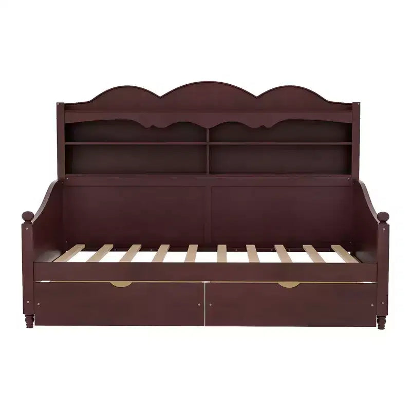 Twin Daybed with Storage Drawers and Headboard Shelves, Wooden Day Bed Frame, Espresso