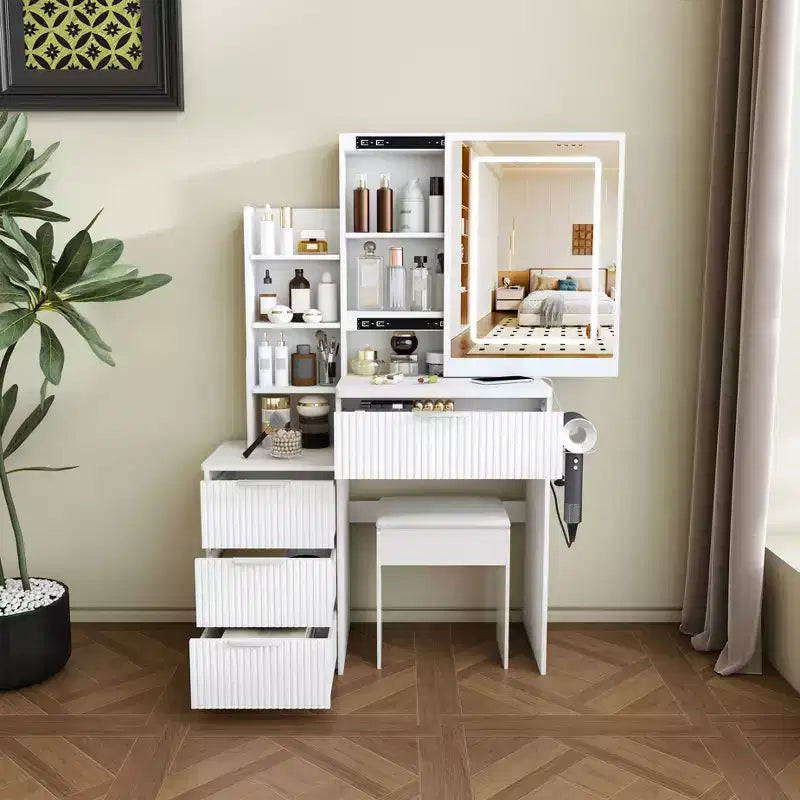 GDFStudio Wafa Modern Wooden Vanity Desk with Adjustable LED Light, Mirror and 1 Dressing Chair