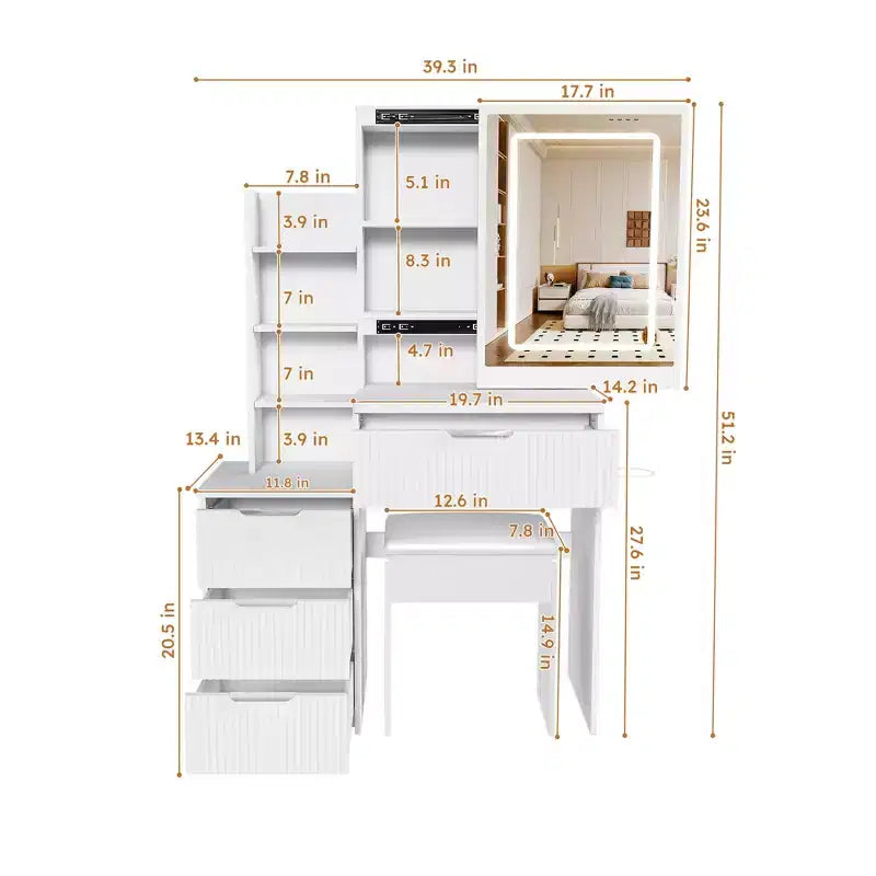 GDFStudio Wafa Modern Wooden Vanity Desk with Adjustable LED Light, Mirror and 1 Dressing Chair
