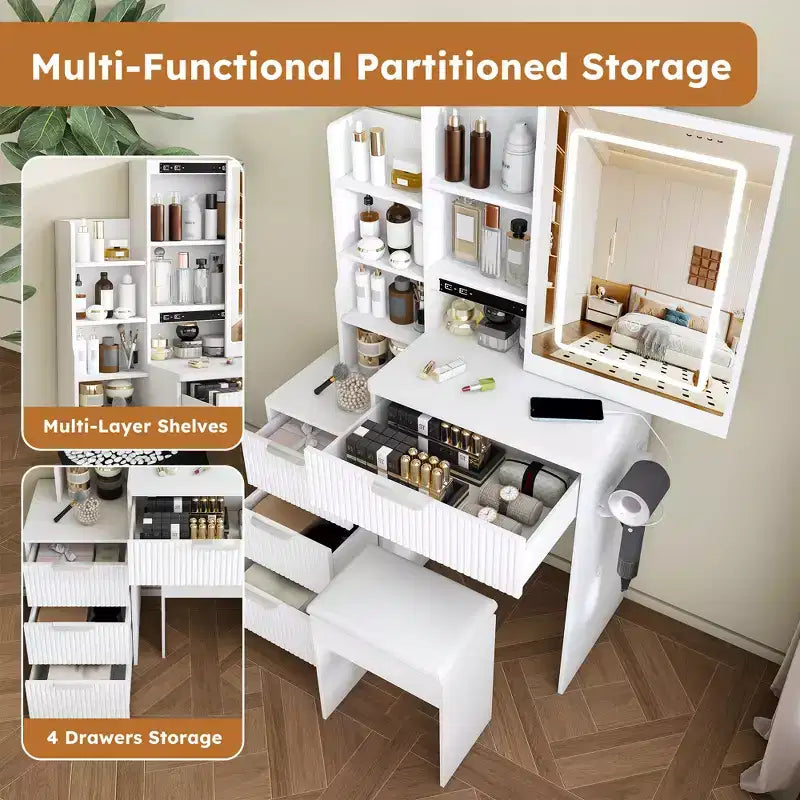 GDFStudio Wafa Modern Wooden Vanity Desk with Adjustable LED Light, Mirror and 1 Dressing Chair