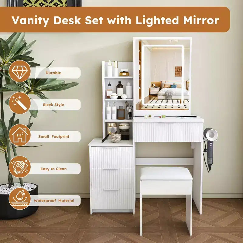 GDFStudio Wafa Modern Wooden Vanity Desk with Adjustable LED Light, Mirror and 1 Dressing Chair