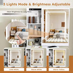 GDFStudio Wafa Modern Wooden Vanity Desk with Adjustable LED Light, Mirror and 1 Dressing Chair