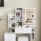 GDFStudio Wafa Modern Wooden Vanity Desk with Adjustable LED Light, Mirror and 1 Dressing Chair