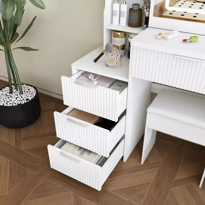 GDFStudio Wafa Modern Wooden Vanity Desk with Adjustable LED Light, Mirror and 1 Dressing Chair