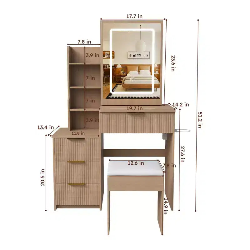 GDFStudio Wafa Modern Wooden Vanity Desk with Adjustable LED Light, Mirror and 1 Dressing Chair