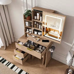 GDFStudio Wafa Modern Wooden Vanity Desk with Adjustable LED Light, Mirror and 1 Dressing Chair