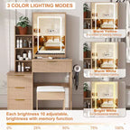 GDFStudio Wafa Modern Wooden Vanity Desk with Adjustable LED Light, Mirror and 1 Dressing Chair