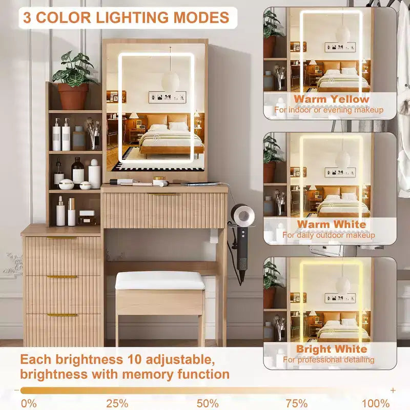 GDFStudio Wafa Modern Wooden Vanity Desk with Adjustable LED Light, Mirror and 1 Dressing Chair