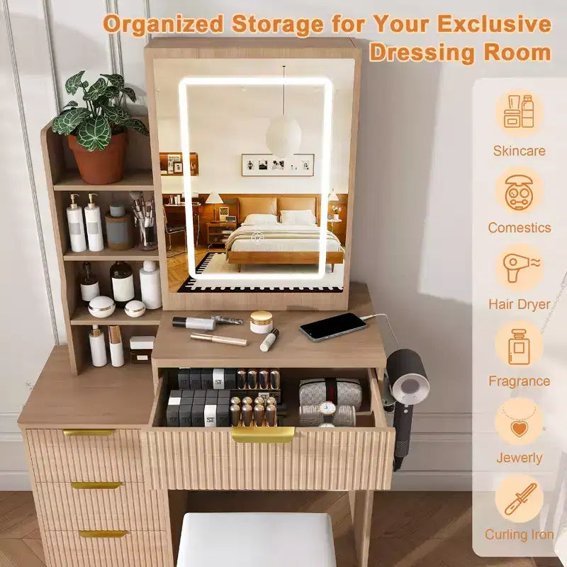 GDFStudio Wafa Modern Wooden Vanity Desk with Adjustable LED Light, Mirror and 1 Dressing Chair