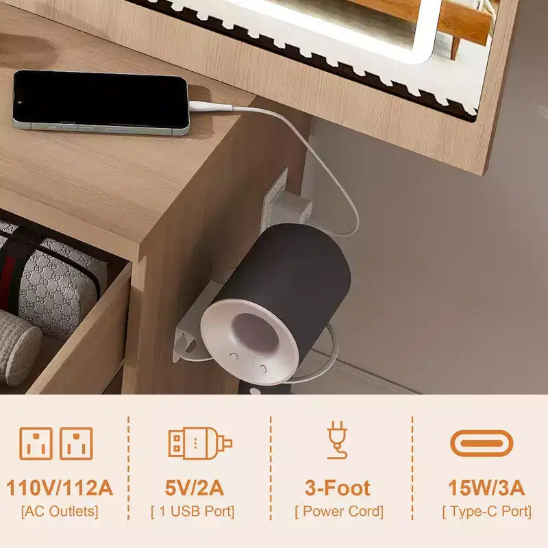 GDFStudio Wafa Modern Wooden Vanity Desk with Adjustable LED Light, Mirror and 1 Dressing Chair