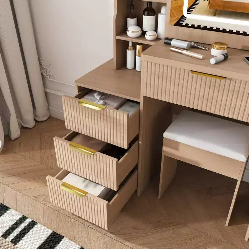 GDFStudio Wafa Modern Wooden Vanity Desk with Adjustable LED Light, Mirror and 1 Dressing Chair
