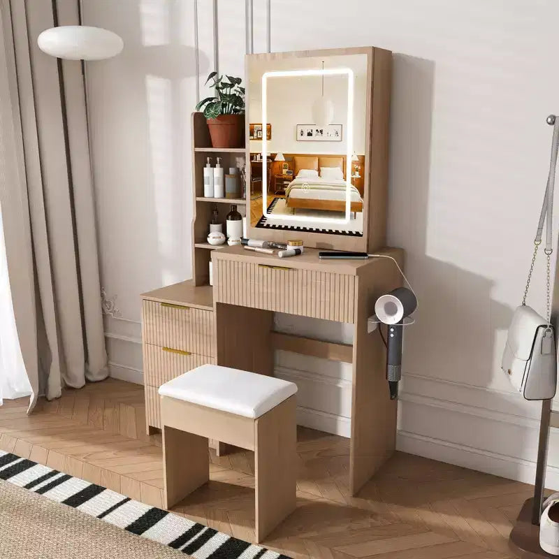 GDFStudio Wafa Modern Wooden Vanity Desk with Adjustable LED Light, Mirror and 1 Dressing Chair
