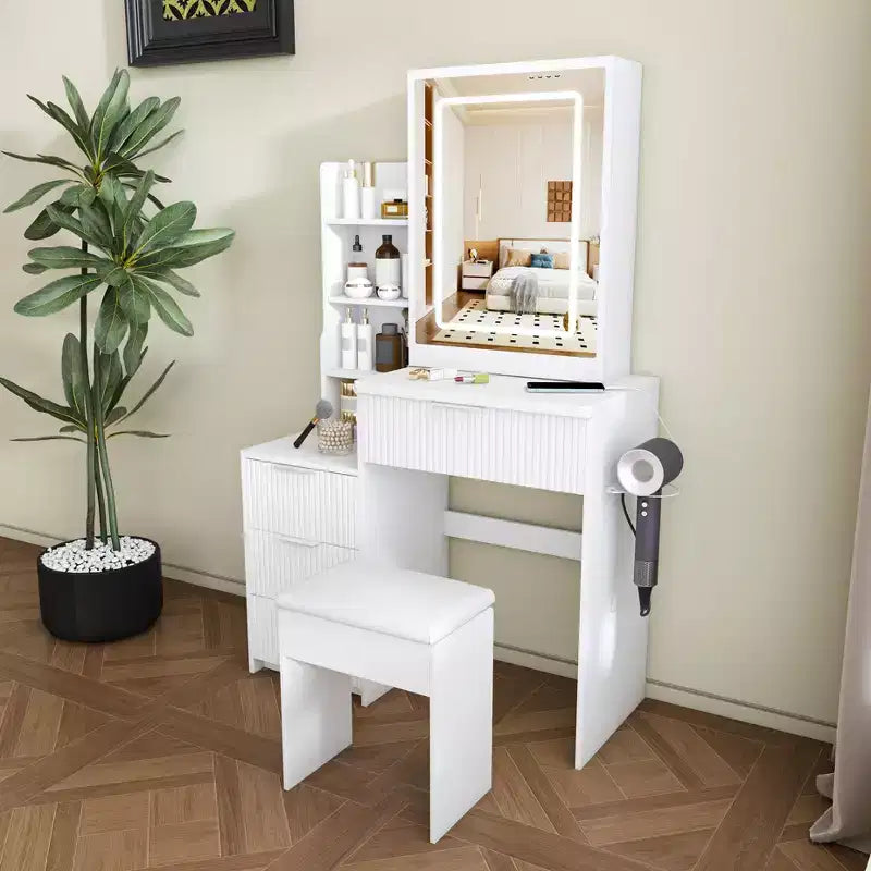GDFStudio Wafa Modern Wooden Vanity Desk with Adjustable LED Light, Mirror and 1 Dressing Chair