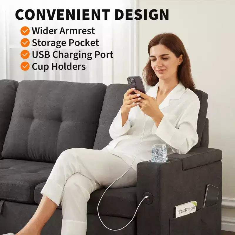 Convertible L-Shaped Sofa Bed with 84 Inch Pull-Out Sleeper, Hidden Storage Armrests,Cup Holders&USB Charging Ports,Sectional Couch for Living Room