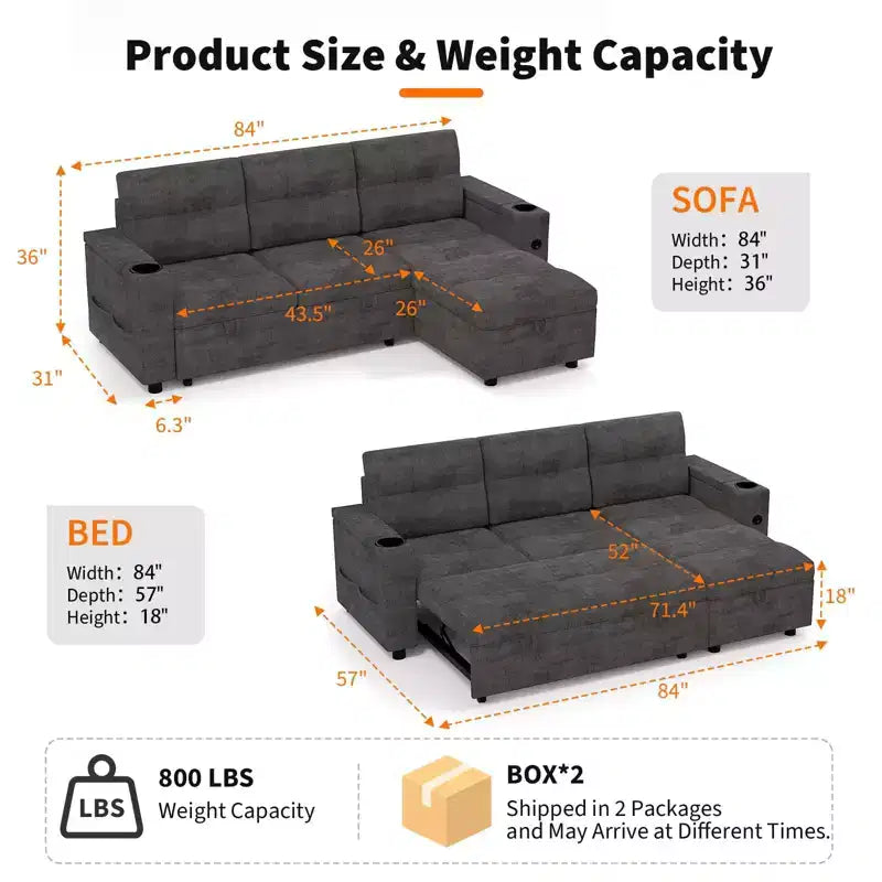 Convertible L-Shaped Sofa Bed with 84 Inch Pull-Out Sleeper, Hidden Storage Armrests,Cup Holders&USB Charging Ports,Sectional Couch for Living Room