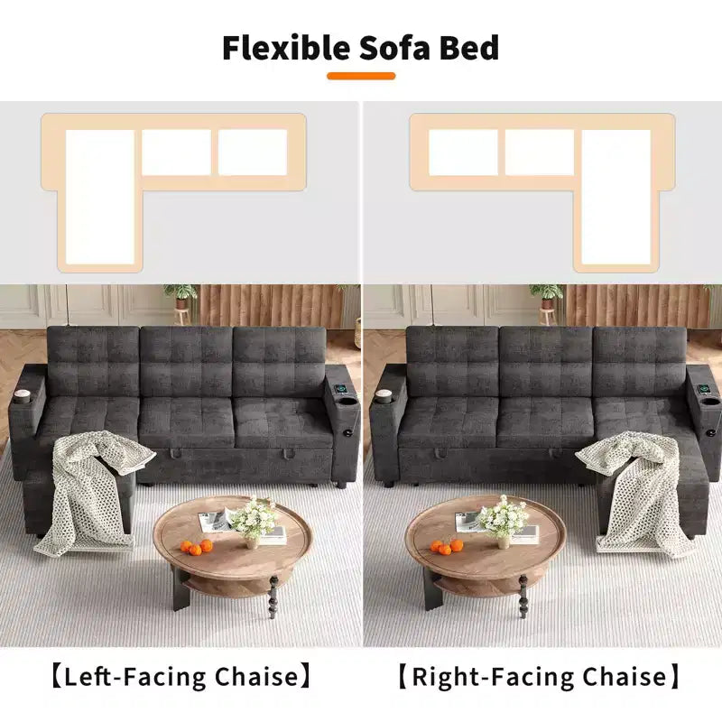 Convertible L-Shaped Sofa Bed with 84 Inch Pull-Out Sleeper, Hidden Storage Armrests,Cup Holders&USB Charging Ports,Sectional Couch for Living Room
