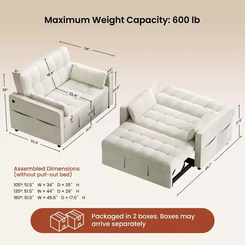 Yaheetech 3-in-1 Convertible Pull-Out Sofa Bed with USB Ports for Living Room, Bedroom