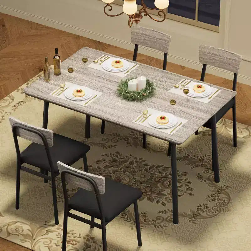 Dining Table Set with 4 Upholstered Chairs, Beveled Edge Design, Wood Kitchen Table Chairs Set of 4 for Dining, Kitchen Room, Apartmen