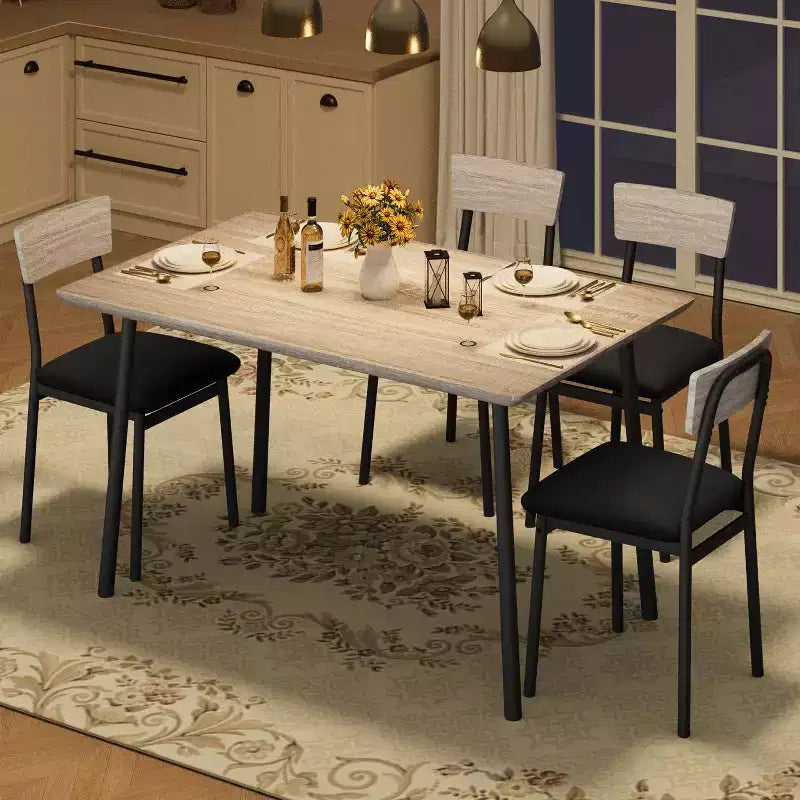Dining Table Set with 4 Upholstered Chairs, Beveled Edge Design, Wood Kitchen Table Chairs Set of 4 for Dining, Kitchen Room, Apartmen