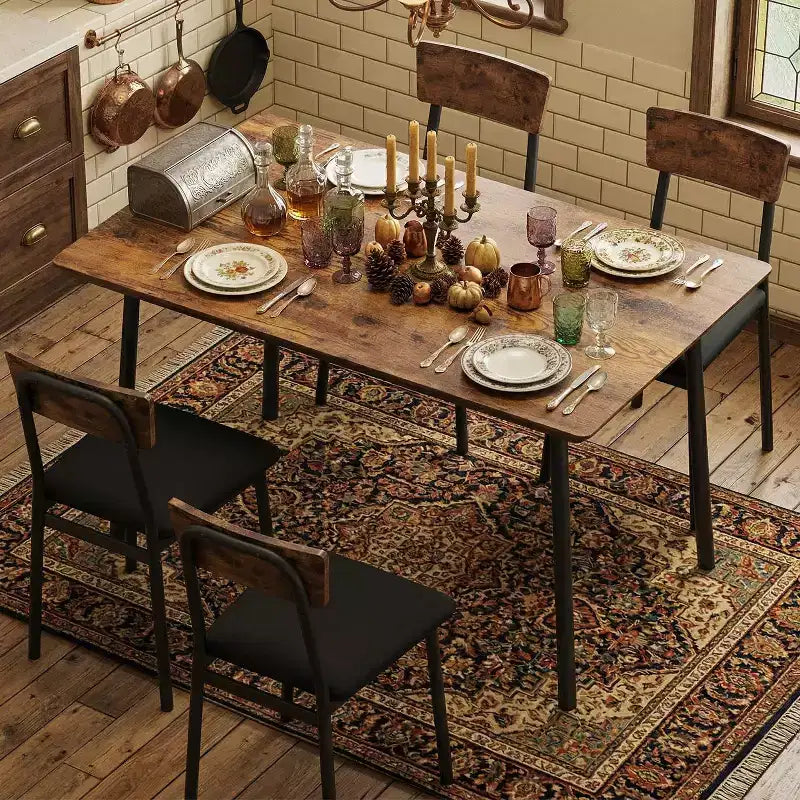 Dining Table Set with 4 Upholstered Chairs, Beveled Edge Design, Wood Kitchen Table Chairs Set of 4 for Dining, Kitchen Room, Apartmen