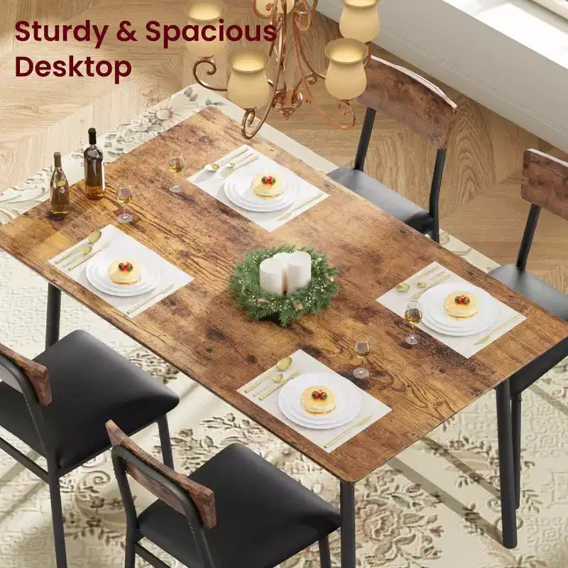 Dining Table Set with 4 Upholstered Chairs, Beveled Edge Design, Wood Kitchen Table Chairs Set of 4 for Dining, Kitchen Room, Apartmen
