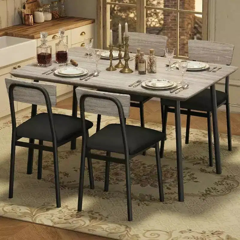 Dining Table Set with 4 Upholstered Chairs, Beveled Edge Design, Wood Kitchen Table Chairs Set of 4 for Dining, Kitchen Room, Apartmen
