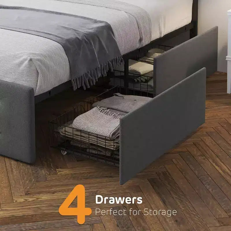 Full Size Platform Bed Frame with 4 Storage Drawers, Upholstered Full Bed with Mattress Foundation and Strong Wooden Slats, No Box Spring Needed