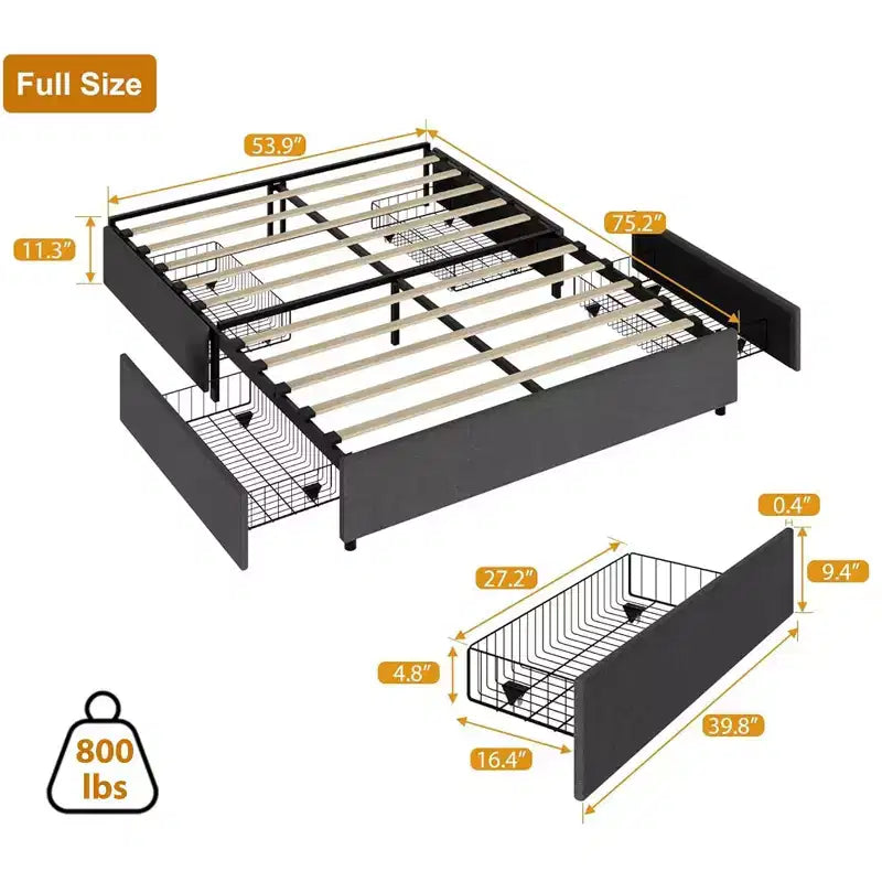 Full Size Platform Bed Frame with 4 Storage Drawers, Upholstered Full Bed with Mattress Foundation and Strong Wooden Slats, No Box Spring Needed