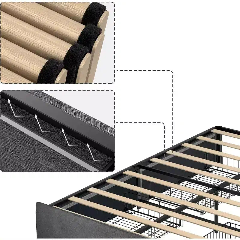 Full Size Platform Bed Frame with 4 Storage Drawers, Upholstered Full Bed with Mattress Foundation and Strong Wooden Slats, No Box Spring Needed