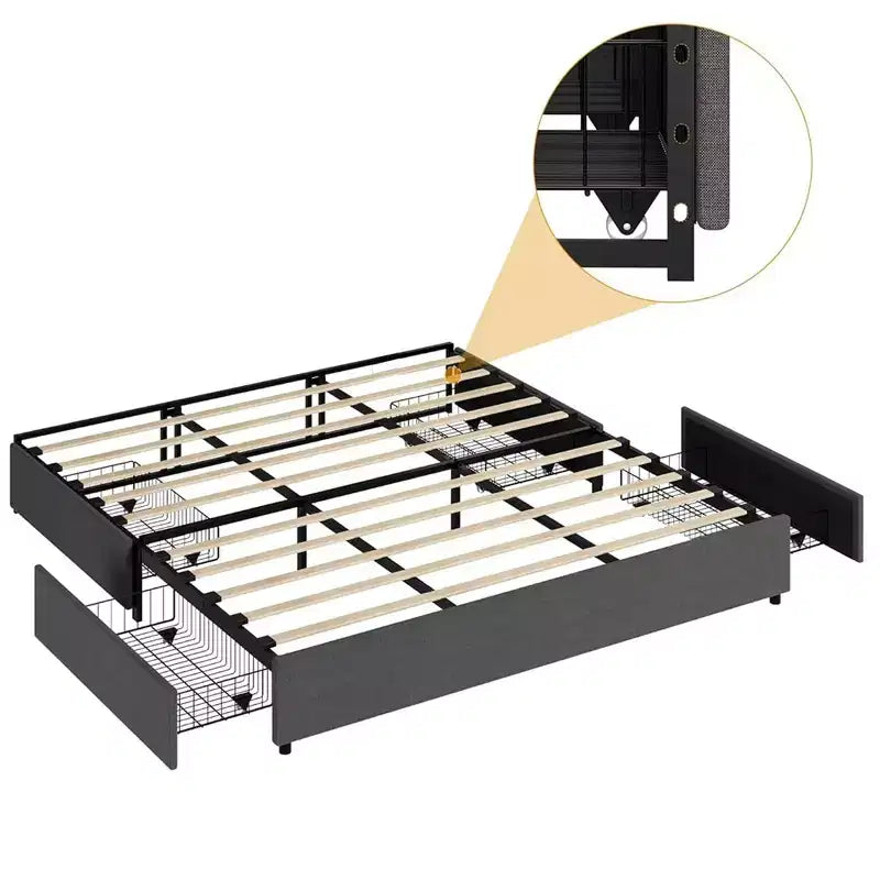 Full Size Platform Bed Frame with 4 Storage Drawers, Upholstered Full Bed with Mattress Foundation and Strong Wooden Slats, No Box Spring Needed