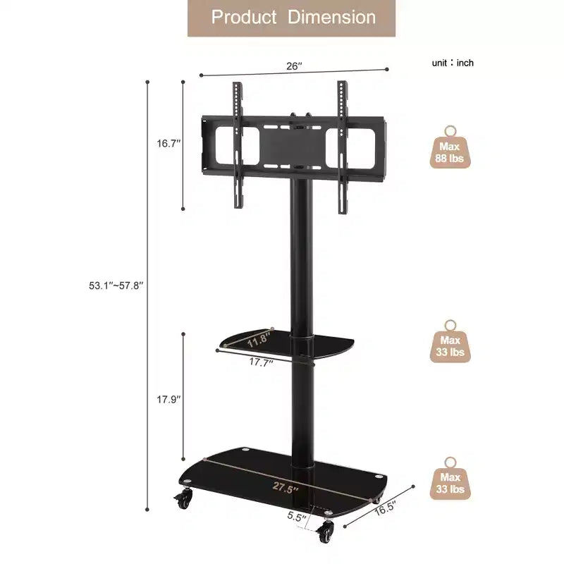 JVNOXK Multi-Function Mobile TV Cart with 2-Tier Tempered Glass Shelves, Height & Angle Adjustable TV Stand with Lockable Wheels