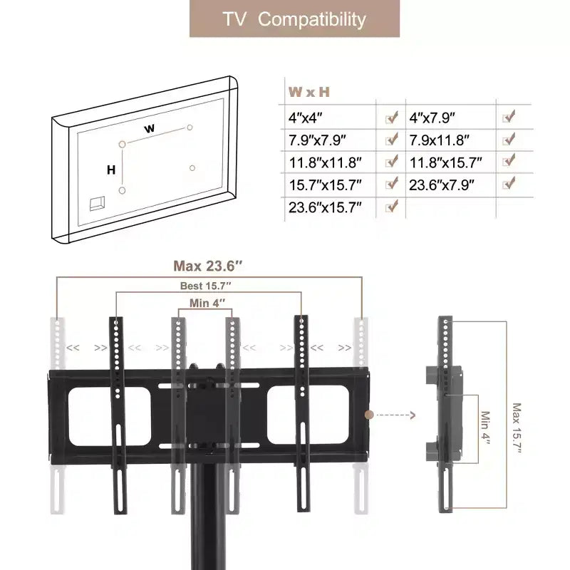 JVNOXK Multi-Function Mobile TV Cart with 2-Tier Tempered Glass Shelves, Height & Angle Adjustable TV Stand with Lockable Wheels