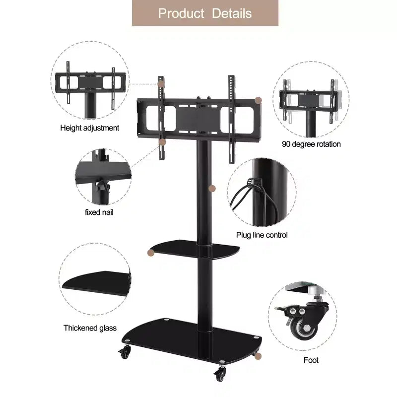 JVNOXK Multi-Function Mobile TV Cart with 2-Tier Tempered Glass Shelves, Height & Angle Adjustable TV Stand with Lockable Wheels