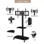 JVNOXK Multi-Function Mobile TV Cart with 2-Tier Tempered Glass Shelves, Height & Angle Adjustable TV Stand with Lockable Wheels