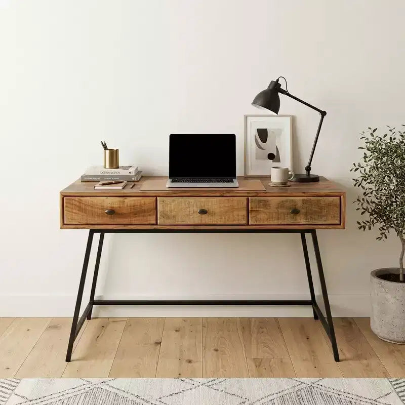 HomeRoots 47 Natural and Black Solid Wood Writing Desk With Three Drawers