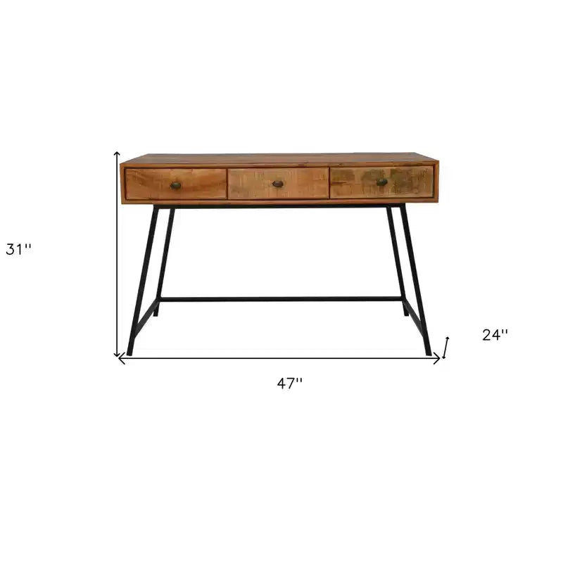 HomeRoots 47 Natural and Black Solid Wood Writing Desk With Three Drawers