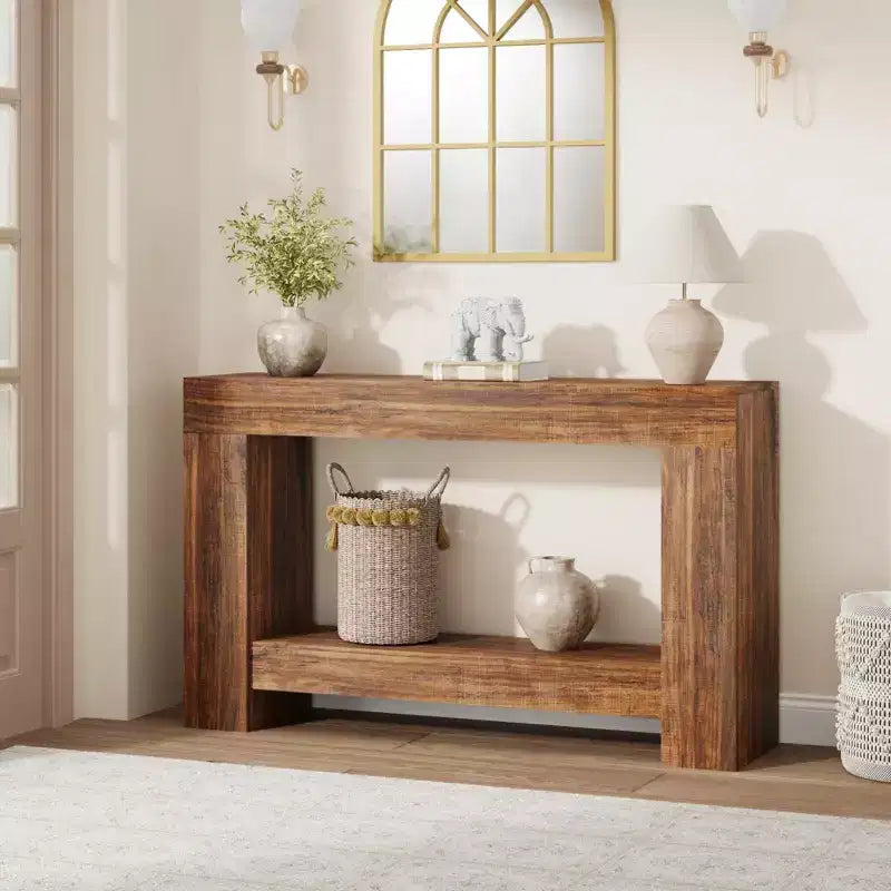 Console de table d'entrée de ferme à 2 niveaux, longue table d'appoint pour canapé, table derrière le canapé avec rangement ouvert pour l'entrée, le salon et le couloir.
