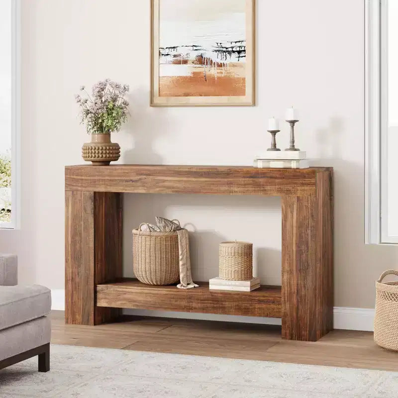 Console de table d'entrée de ferme à 2 niveaux, longue table d'appoint pour canapé, table derrière le canapé avec rangement ouvert pour l'entrée, le salon et le couloir.
