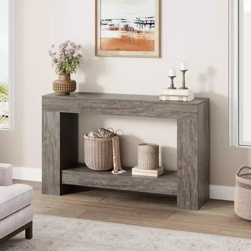 Console de table d'entrée de ferme à 2 niveaux, longue table d'appoint pour canapé, table derrière le canapé avec rangement ouvert pour l'entrée, le salon et le couloir.
